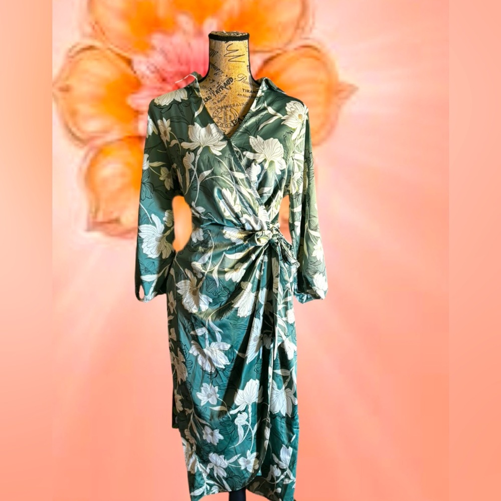NAIF Green Floral Wrap Midi Dress with Tie Waist